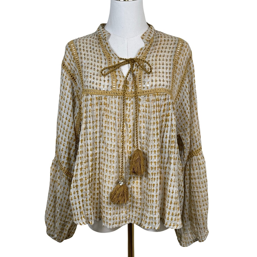 Barok Tassel Sequin Peasant Blouse Women S/M Gold White Boho Balloon Sleeve